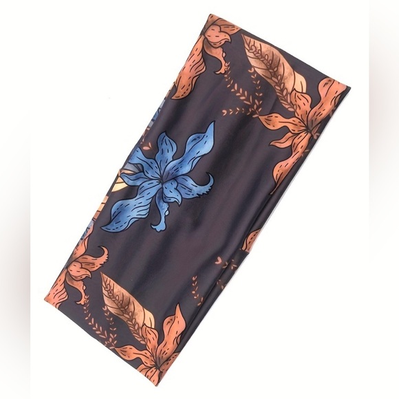 Vintage Style Brown & Blue Floral Silk Headband/Wristband - Stretchy, Stylish - Picture 1 of 16